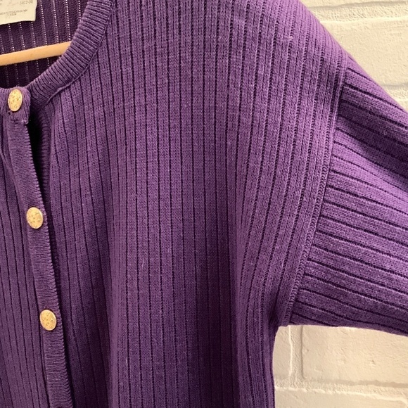 Vintage 80s Knit Dress Midi Secretary Purple Longsleeve Button down Pockets 14 - Picture 11 of 11